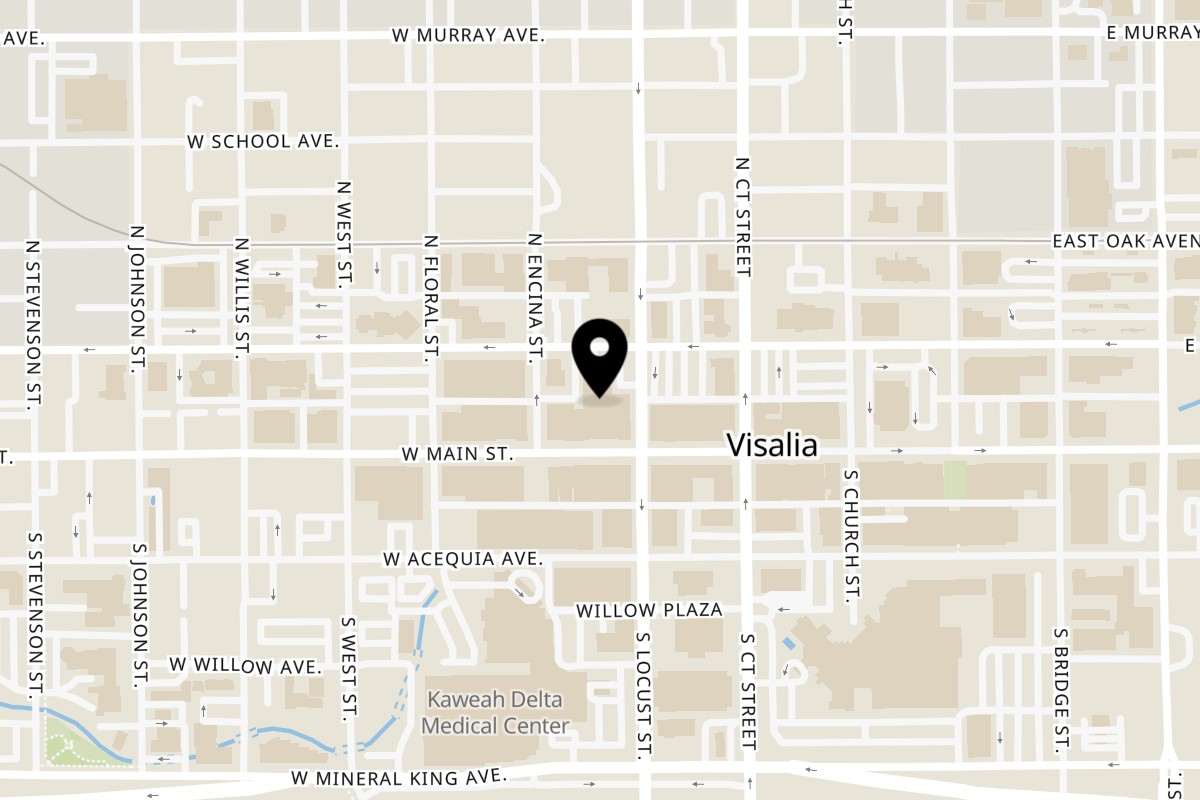 Map showing the location of El Tarasco Mexican Restaurant on 208 W Main St in Visalia